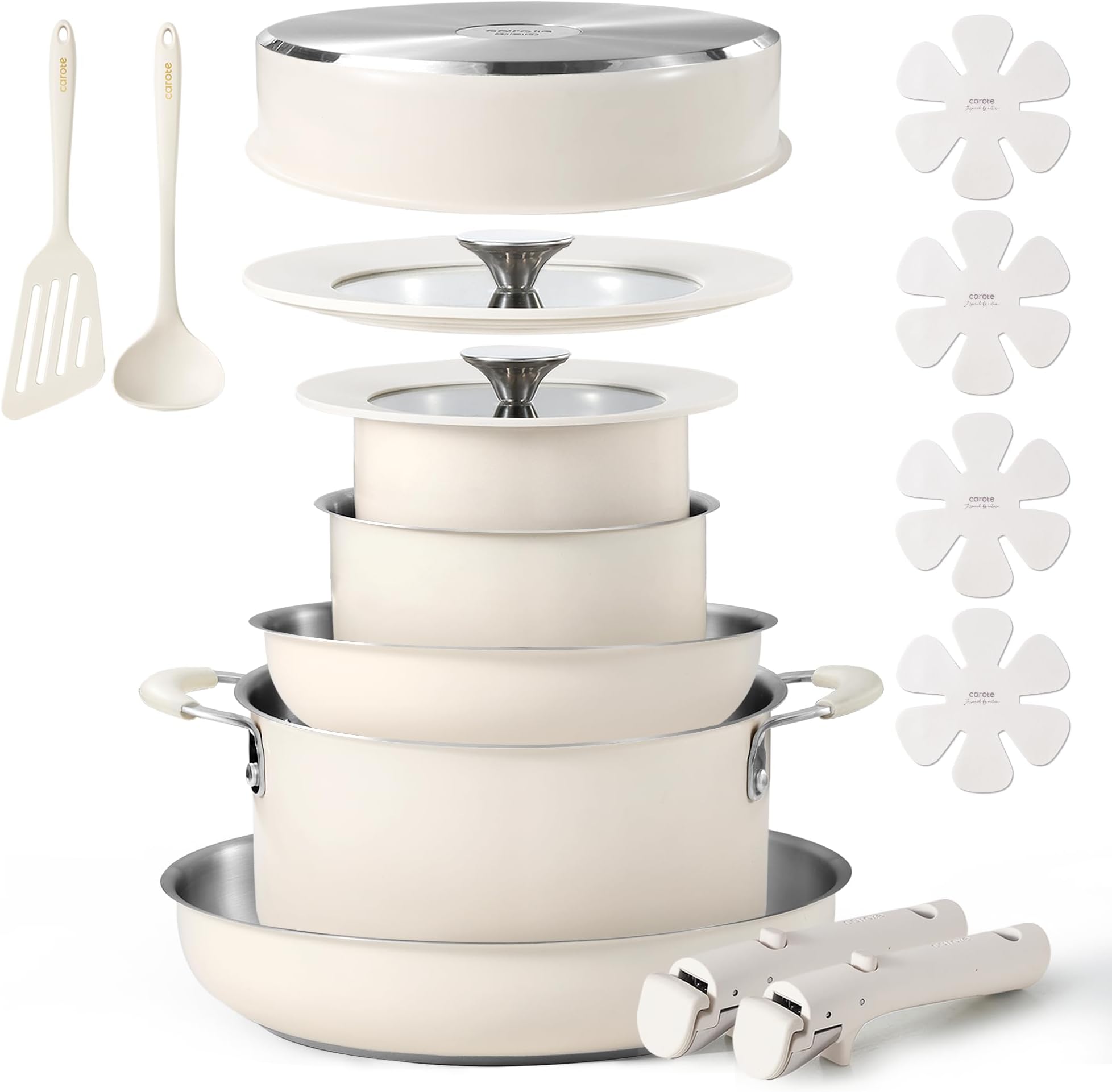 CAROTE 16Pcs Stainless Steel Cookware Set With Detachable/Removeble Handle Set, Space Saving Pots and Pans Set, RV Camping Set, Outer Ceramic Layer Nonstick, Dishwasher/Oven Safe, Kitchen Cooking Set