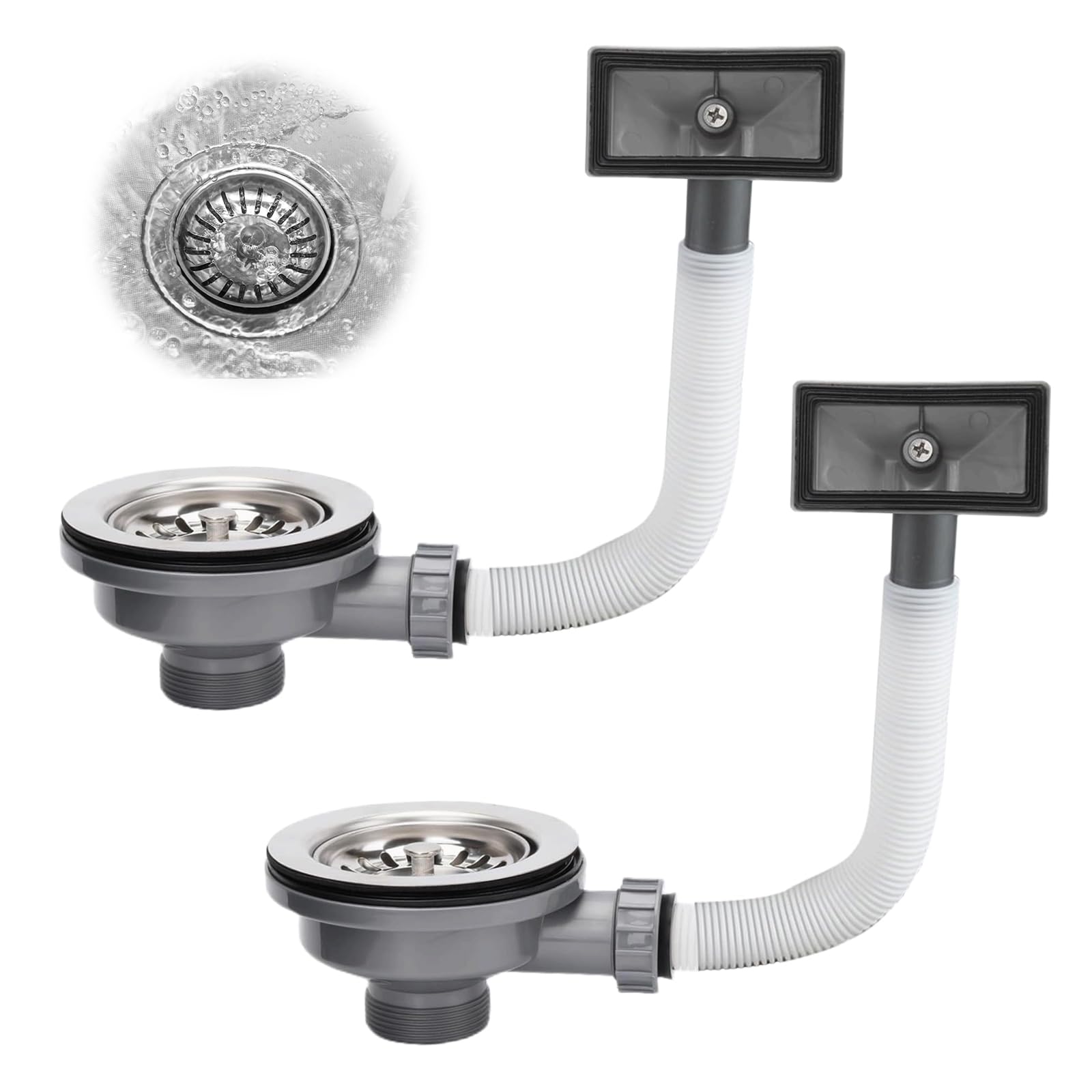 VZU 2pcs Kitchen Sink Waste Kit with Overflow, Stainless Steel G1½" Drain & Basket Strainer for 114mm Sink Hole, Includes Square Cover
