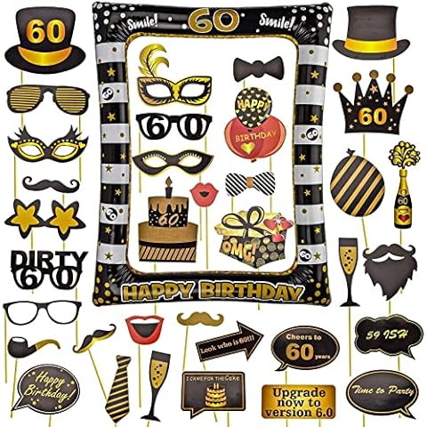AIBAOABOA 60th Birthday Inflatable Selfie Frame and Photo Booth Props, Black and Gold Birthday Party Decorations for Women Men, Blow Up Party Prop, Family Fun Holiday Party Supplies Theme Party Kit Cover