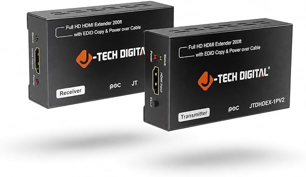 J-Tech Digital HDMI Extender Over CAT5e/6/7 with PoC 1080P@60Hz up to 165ft, HDMI Balun Over Single Ethernet Supports EDID Copy Compatible with Dolby Digital DTS [JTDHDEX-1PV2]