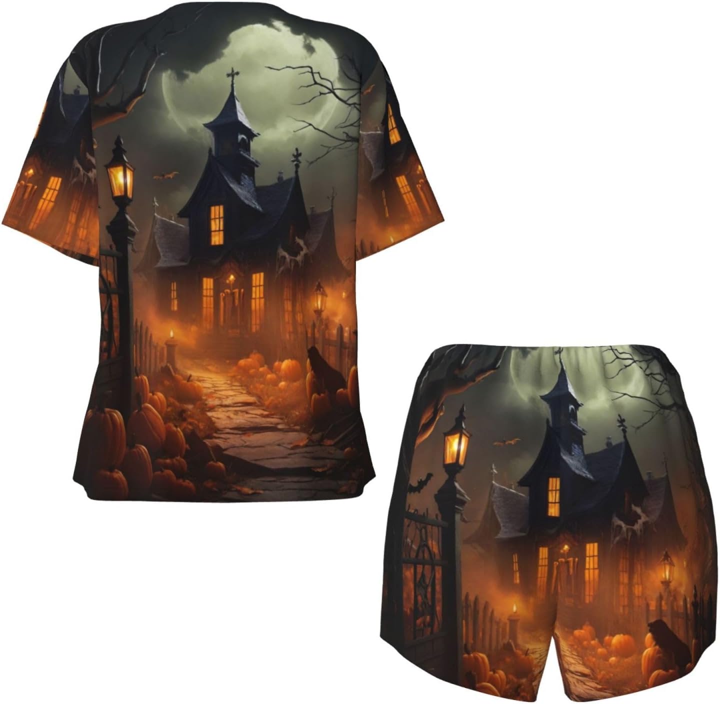 Scary Halloween Print Stylish Women'S Pajama Set Short Sleeve,For Home,Vacation Or Beachwear