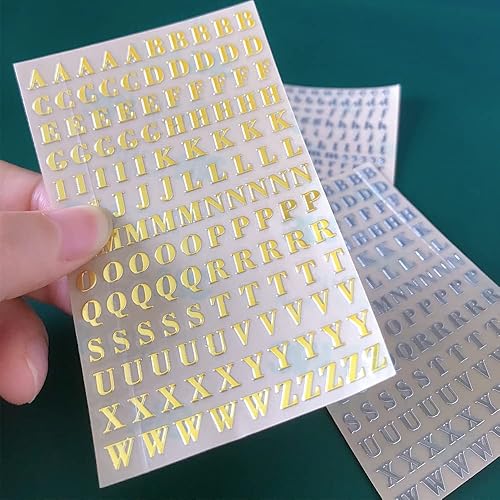 Miniatura 8 de 6 hojas de letras y números, minicalcomanías autoadhesivas del alfabeto, calcomanías de letras plateadas y doradas para uñas, piezas de resina,