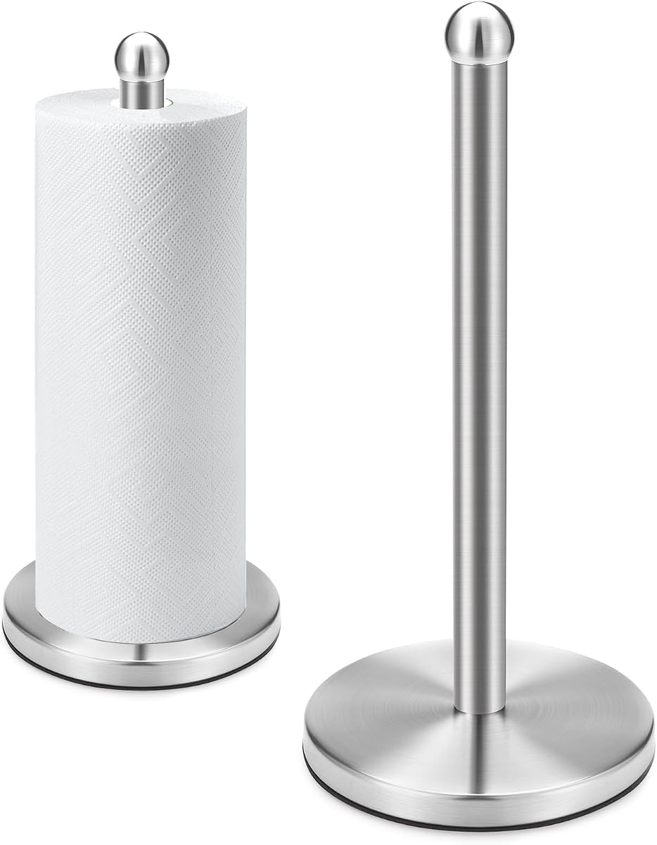 Soporte para toallas de papel para encimera, soporte independiente para papel de cocina, rasgado con una sola mano, acero inoxidable, dispensador de toallas de papel con base pesada para rollos de toallas estándar, níquel cepillado