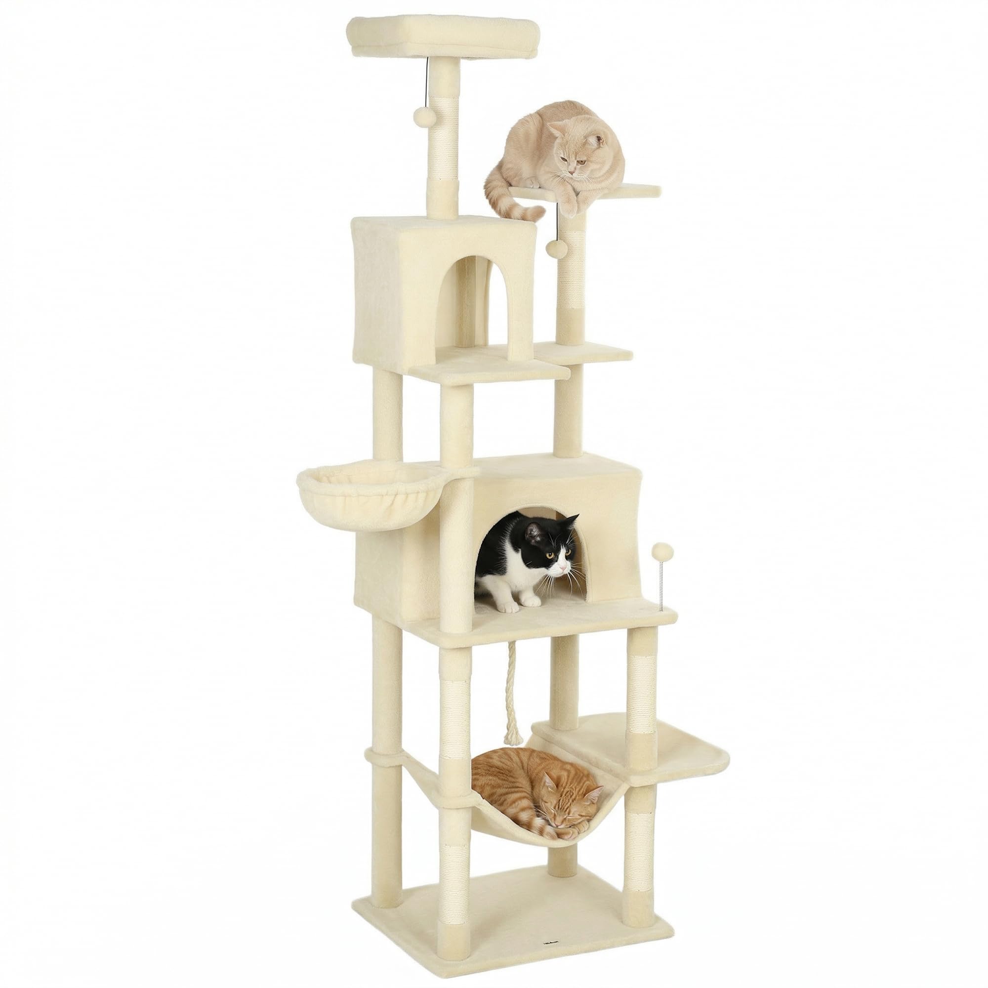PawHut Árbol Rascador para Gatos 202 cm con 2 Cuevas Beige | Árbol para Gatos, Torre Escalador, 2 Hamacas, 6 Postes de Sisal, 3 Bolas, Cuerda para Jugar