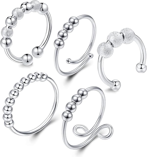 5 Pcs Anxiety Rings for Women, Adjustable Anxiety Ring Open Finger Rings with Beads Stress Reliever Spinner Rings for Women Girls (Silver)