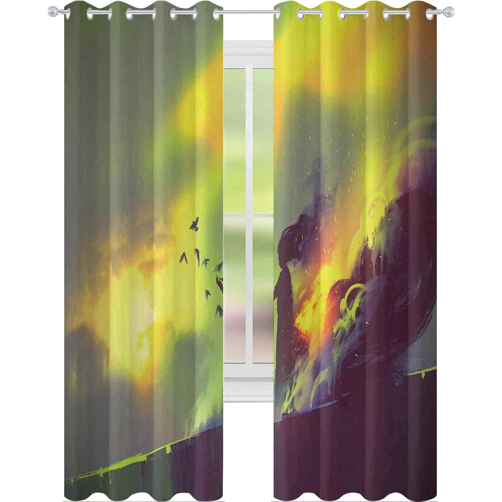 Bedroom blackout curtains, Fiery Burnt Girl Magic Flames on Roof of House Night Mystical Fantasy Illustration, W108 x L84 Inch For Sliding Glass Doors Living Room, Green Yellow