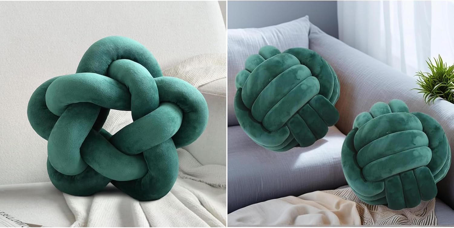 Emerald Green Star Knot Pillow 12.59" and 2 Pcs Round Knot Ball 11"
