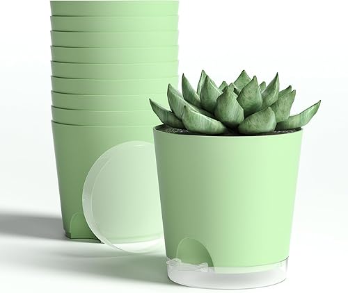 Paquete de 10 macetas pequeñas de riego automático de 4 pulgadas para plantas de interior, maceta de guardería con agujeros de drenaje y platillos,