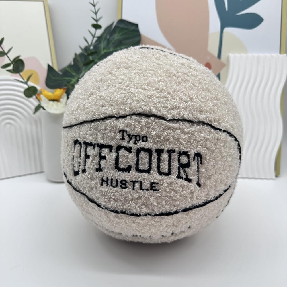 Herfair 3D Offcourt Basketbal Kussen 25CM Basketbal Kussen Zacht Basketbal Pluisbal Decoratie Kamer Basketbal Cadeaus Voor Jongens Meisjes (wit