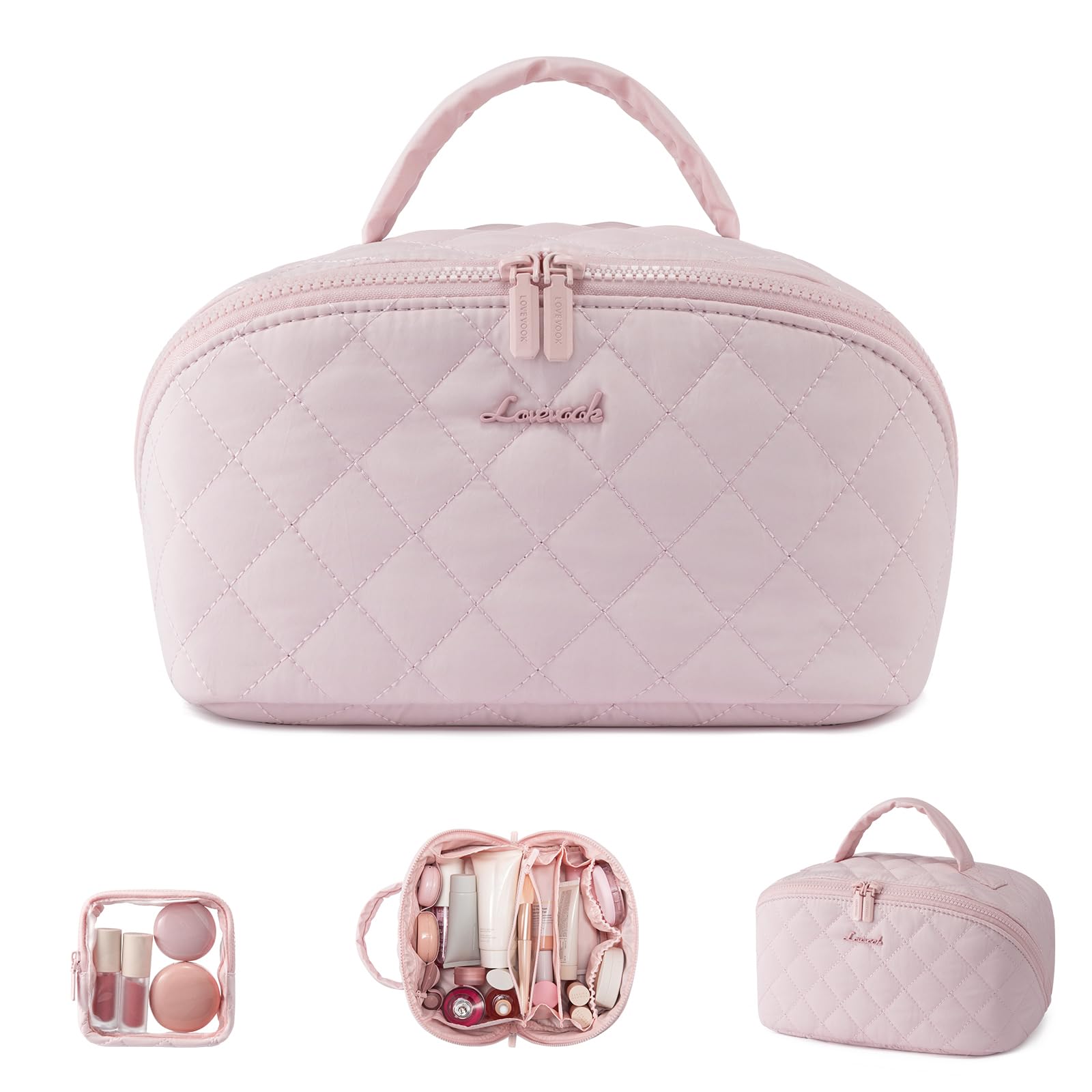 LOVEVOOK Travel Makeup Bag for Women, 2Pcs Puffer Waterproof Cosmetic Organizer, Large Capacity Pouch Open Flat Small Toiletry Bag with Brush