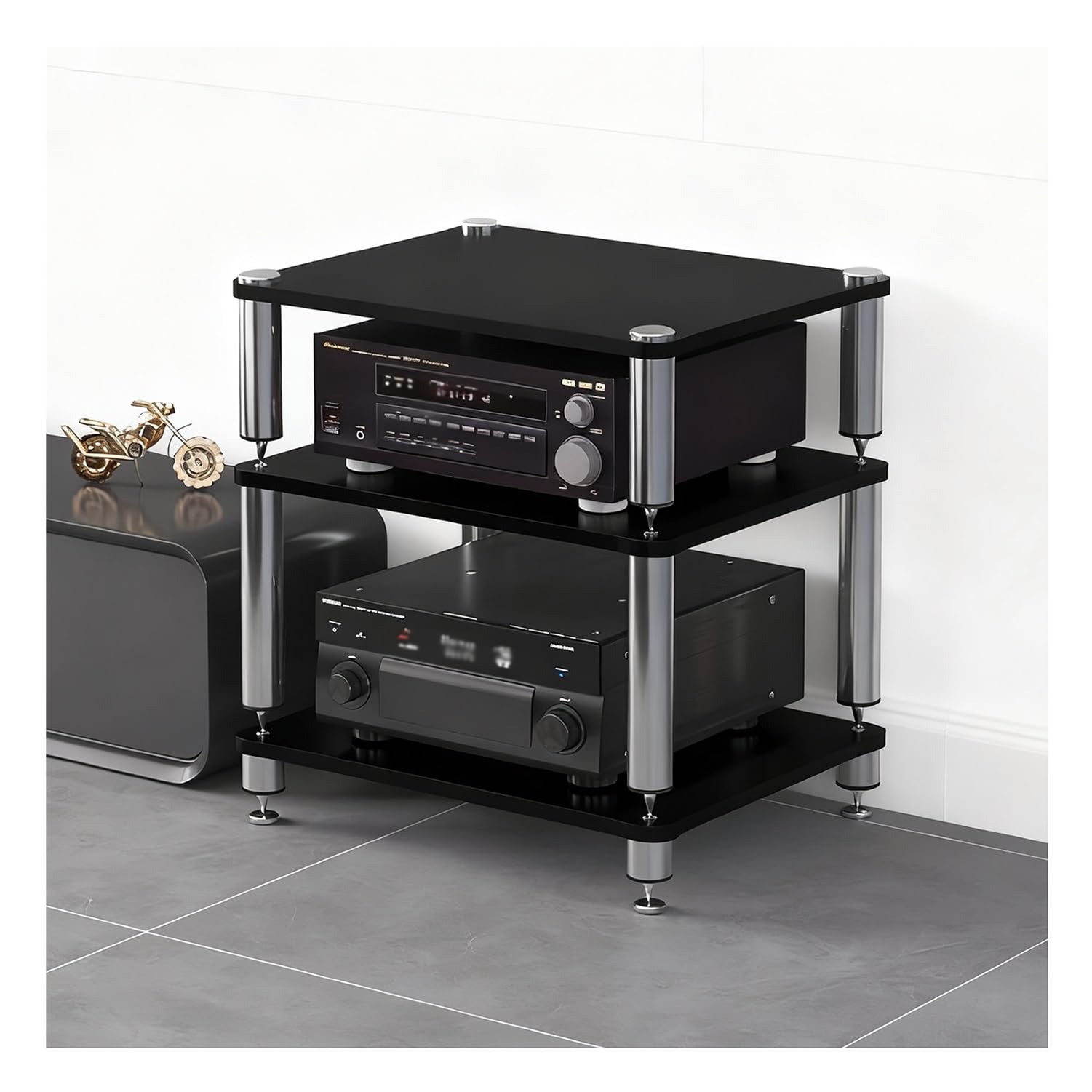 Szafka na sprzęt audio HiFi z amortyzującymi nóżkami, drewnianą półką na gramofon, wzmacniacze, głośniki i nośniki danych (biała, 2 poziomy, wysokość 40 cm) (czarna, 3 poziomy)