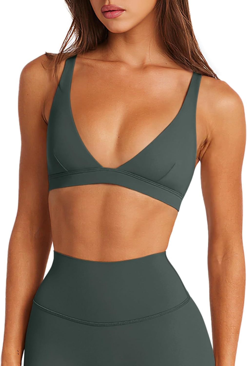 LASLULU Womens Deep V-Neck Sports Bra Padded Wireless U Back Workout Bra Low Impact Gym Workout Yoga Crop Tops