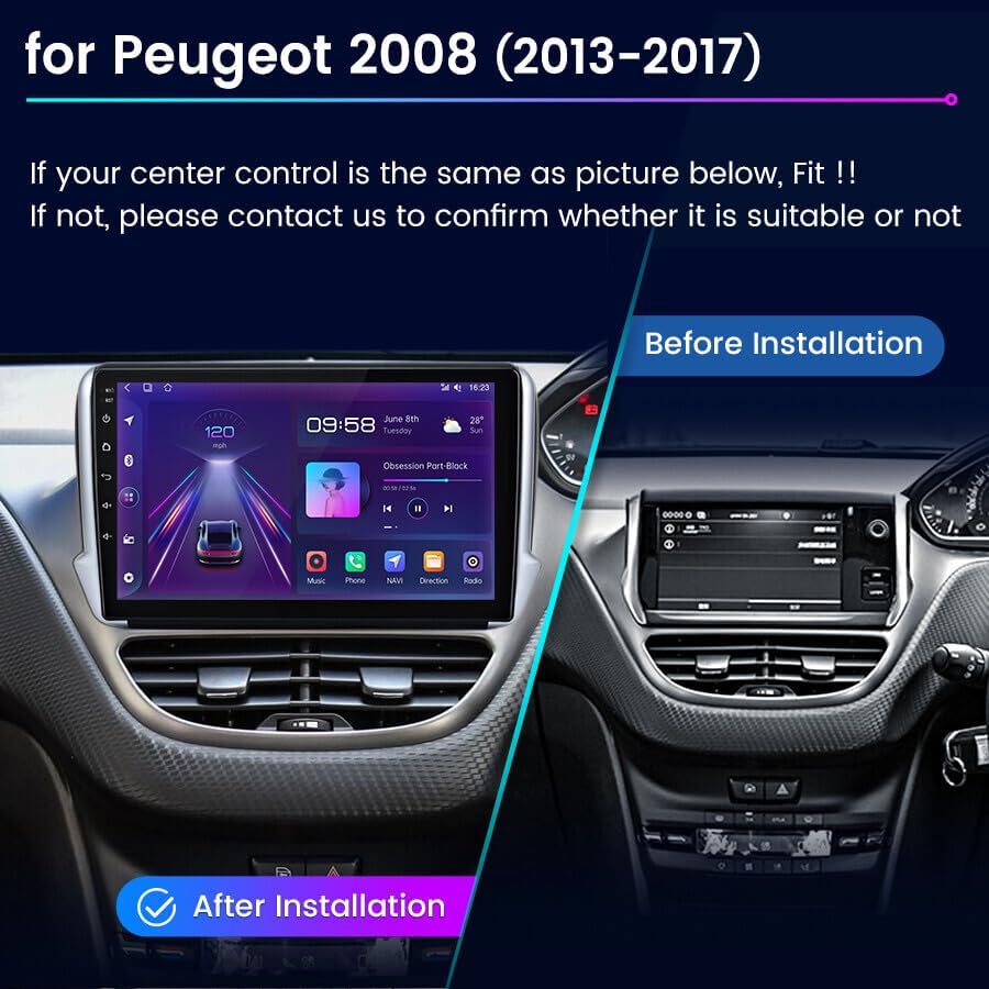 Comparison image showing a Peugeot 2008 dashboard before and after the installation of the Surakey car stereo. The 'Before Installation' side shows the original factory radio, while the 'After Installation' side shows the new 10-inch touchscreen unit seamlessly integrated.