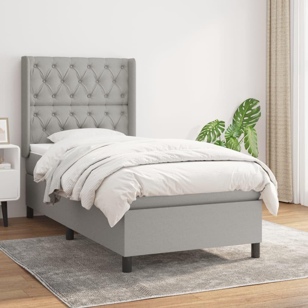 Łóżko kontynentalne z materacem jasnoszarym 80 x 200 cm, z materiału, łóżko tapicerowane z regulowanym zagłówkiem, materac ze sprężynami kieszeniowymi, przyjazna dla skóry nakładka na materac