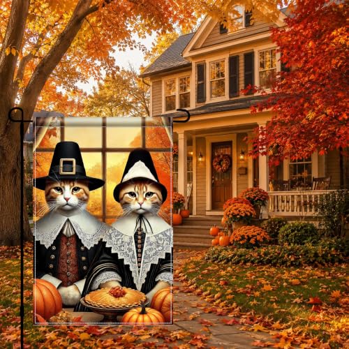 Image of BlissYard Fall Garden Flag 12x18 Inch Cat Pumpkin Thanksgiving Decor | Double sided polyester, fall pilgrim cat pumpkin design, cozy cat lover decor for Thanksgiving porch and yard