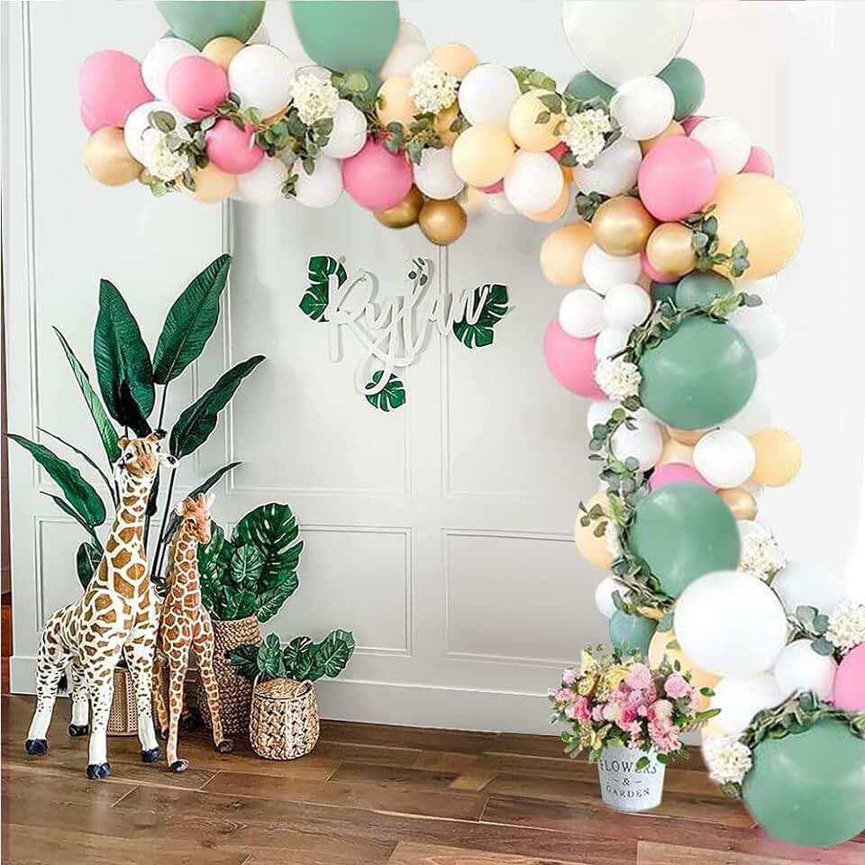 Image of Pink and Green Balloon, 60PCS Sage Green Party Balloon, 12Inch Olive Pastel Pink Balloons Metallic Gold Confetti Balloons for Baby Shower Wedding Jungle Cactus Birthday Party Decoration