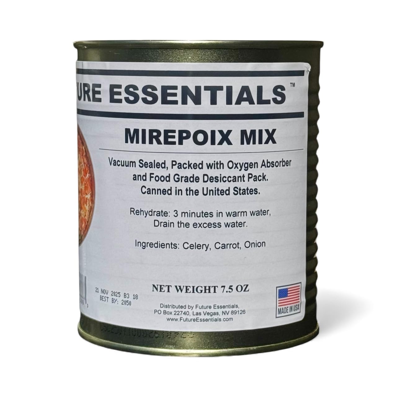 Future Essentials Dehydrated Mirepoix Mix – Dehydrated Vegetables Soup Mix with Carrot, Celery, & Onion for Cooking and Emergencies – 25+ Years Long Shelf Life – Made in the USA – 7.5 oz Can