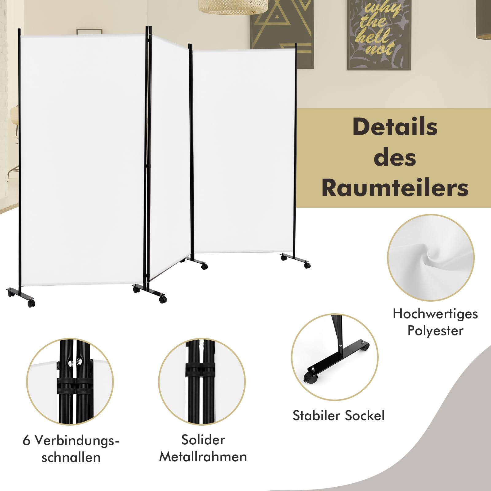 COSTWAY Ruimteverdeler op wieltjes, paravent, scheidingswand opvouwbaar