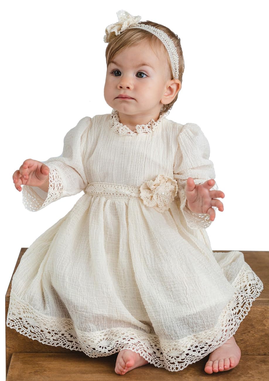 Abito per battesimo o occasioni speciali per neonata o bimba con fascia per capelli , realizzato in morbida Mussolina di 100% Cotone Biologico (9-12 mesi)
