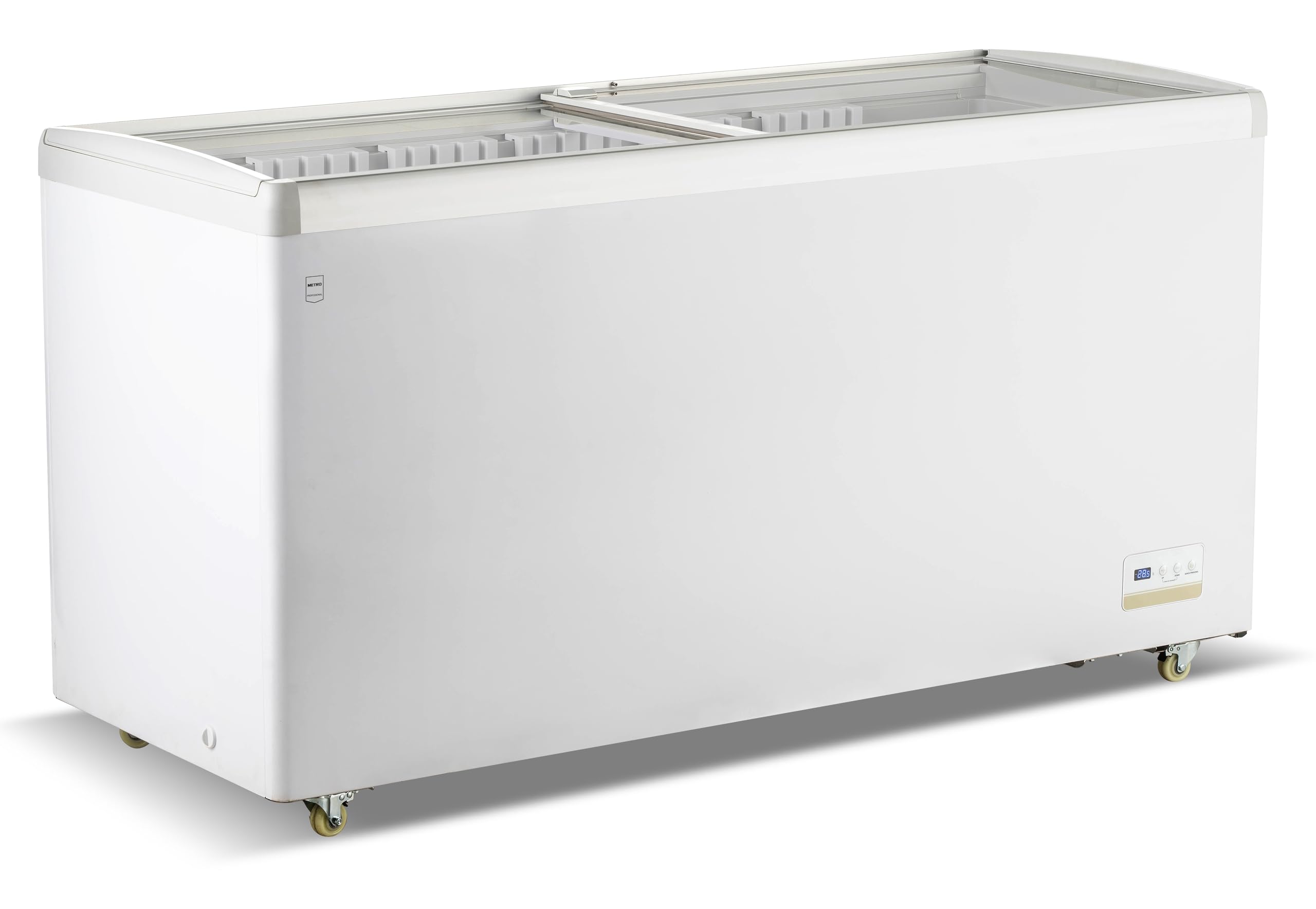 METRO Professional Tiefkühlvitrine GICC1466, 447 L, Tiefkühltruhe mit Glasschiebetür, 7 Ablagekörbe, Türschloss, Temperaturalarm, Rollen, Weiß