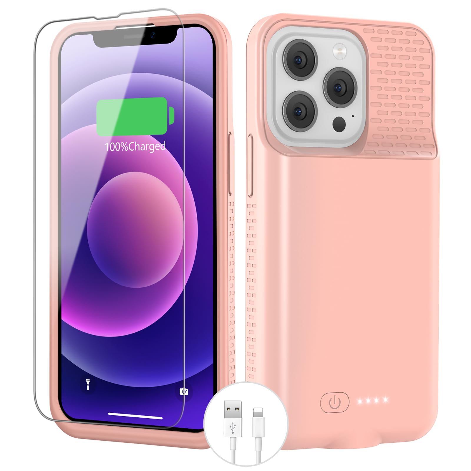 BOPPS Ultra-Slim 7000mAh Portable Battery Charger Case for iPhone 12/12 Pro, with Screen Protector & Cable (6.1 inch), Pink