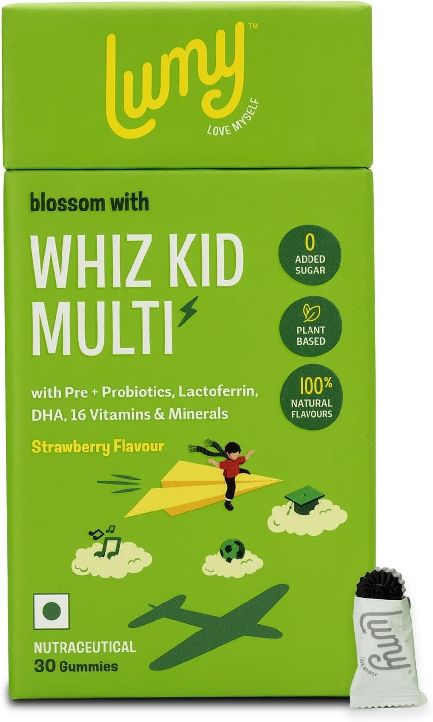 LUMY MultiVitamin Gummies For Kids: Pre+Probiotic, DHA For Happy Gut, Bright Brains|30 Gummies|Plant Vit D3 & Lactoferrin|Vit A,B,C, Zinc For Immunity, Vision & Bone Health | Veg | Age 7-15