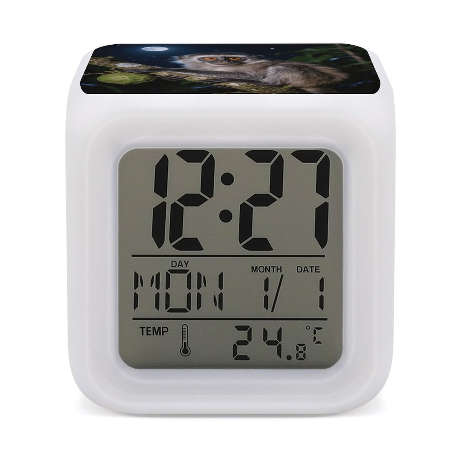 7 Color Ambient Night Light Cube Battery Operated Peruvian Night Monkey Digital Clock with Snooze Temperature LED Digital Alarm Clocks Dimmable Wake Up Light Portable Mood Lamp for Bedroom Desk Gift