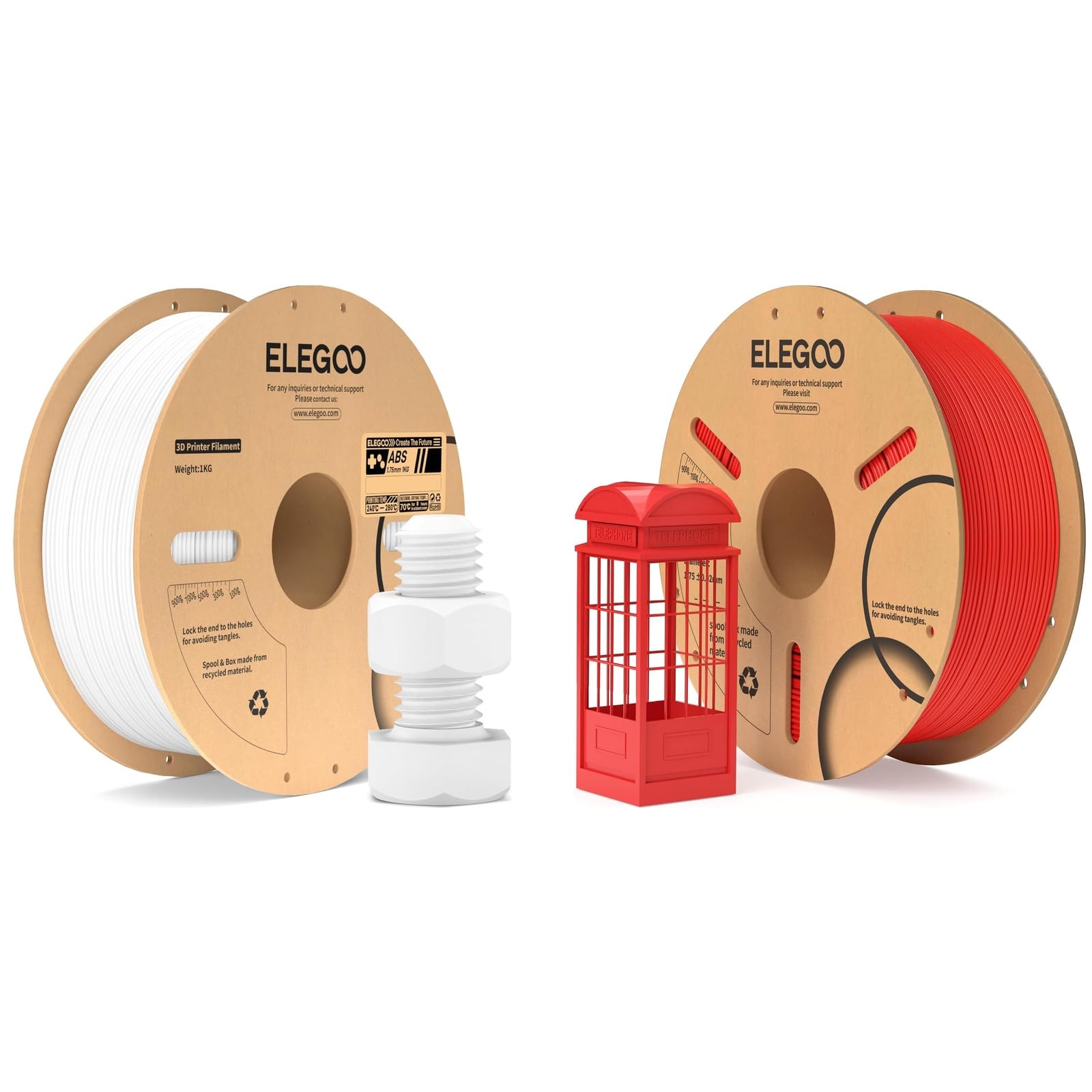 ELEGOO 1,75mm ABS Filament Blanc 1KG & PLA Filament Rouge 1KG