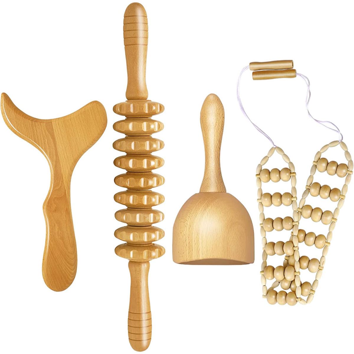 Abaodam Holz Massagewerkzeug 4 Stück mit Rückenmassagerolle Holzschaberbrett und Massagerolle Ergonomisch Glatt Verarbeitet Leicht Tragbar für Zuhause und Reisen