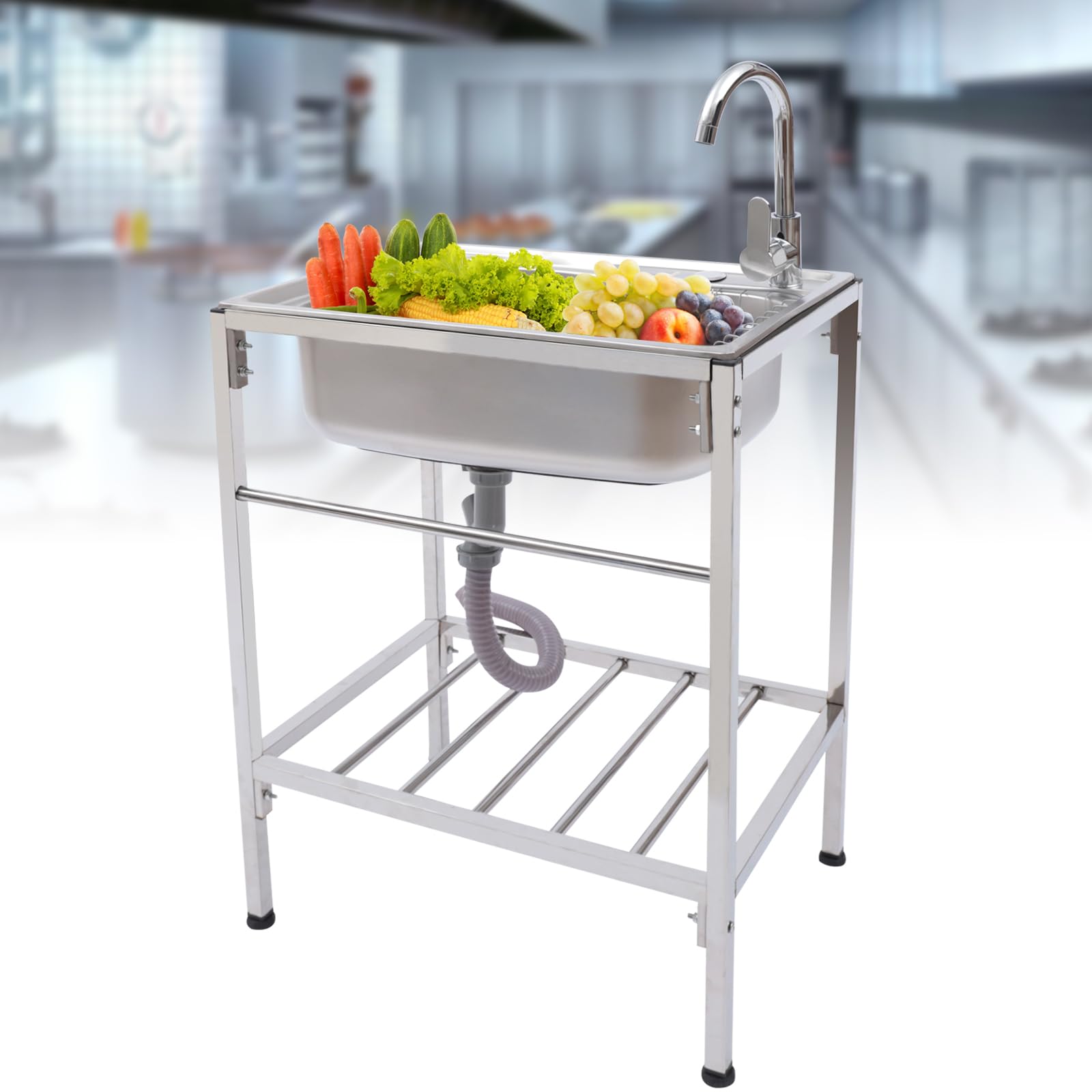 Fregadero independiente con soporte de pedal, capacidad de peso de 60 kg, 60 x 45 cm, fregadero de cocina de acero inoxidable 304, grifo de agua caliente y fría giratorio 360°, completo con lavabo y