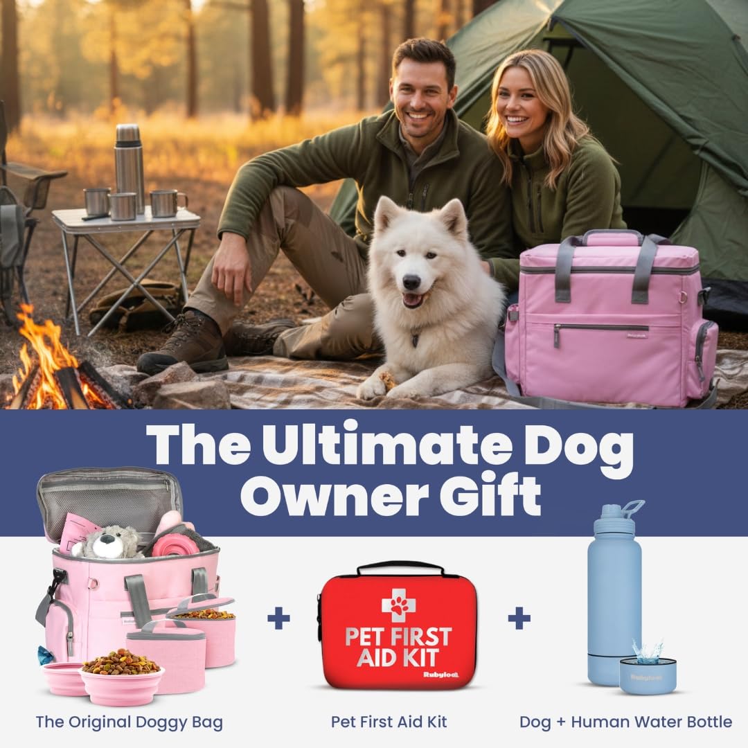 Rubyloo Original Doggy Bag™ Hundetasche für Zubehör mit Reisenäpfen | 2 BPA-freie, faltbare Näpfe, 2 Tierfutterbehälter, TSA-Ready, Roadtrips, Camping, Wochenendausflüge, Hundegeschenk, Lt. Rosa