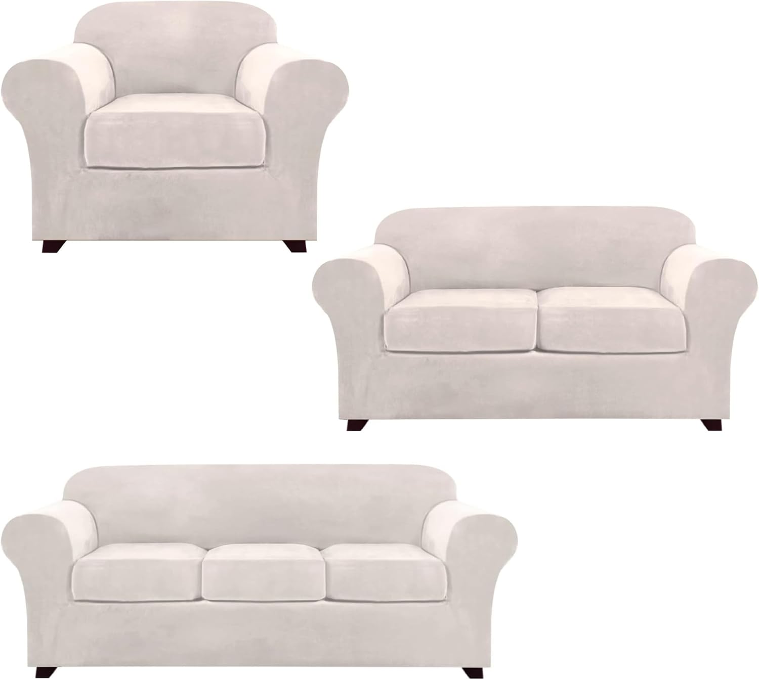 Real Velvet Stretch Chair Slipcovers Bundle 2/3/4 Pieces Sofa Covers, Furniture Protector, Plaid Pattern, Removable and Washable, Ivory