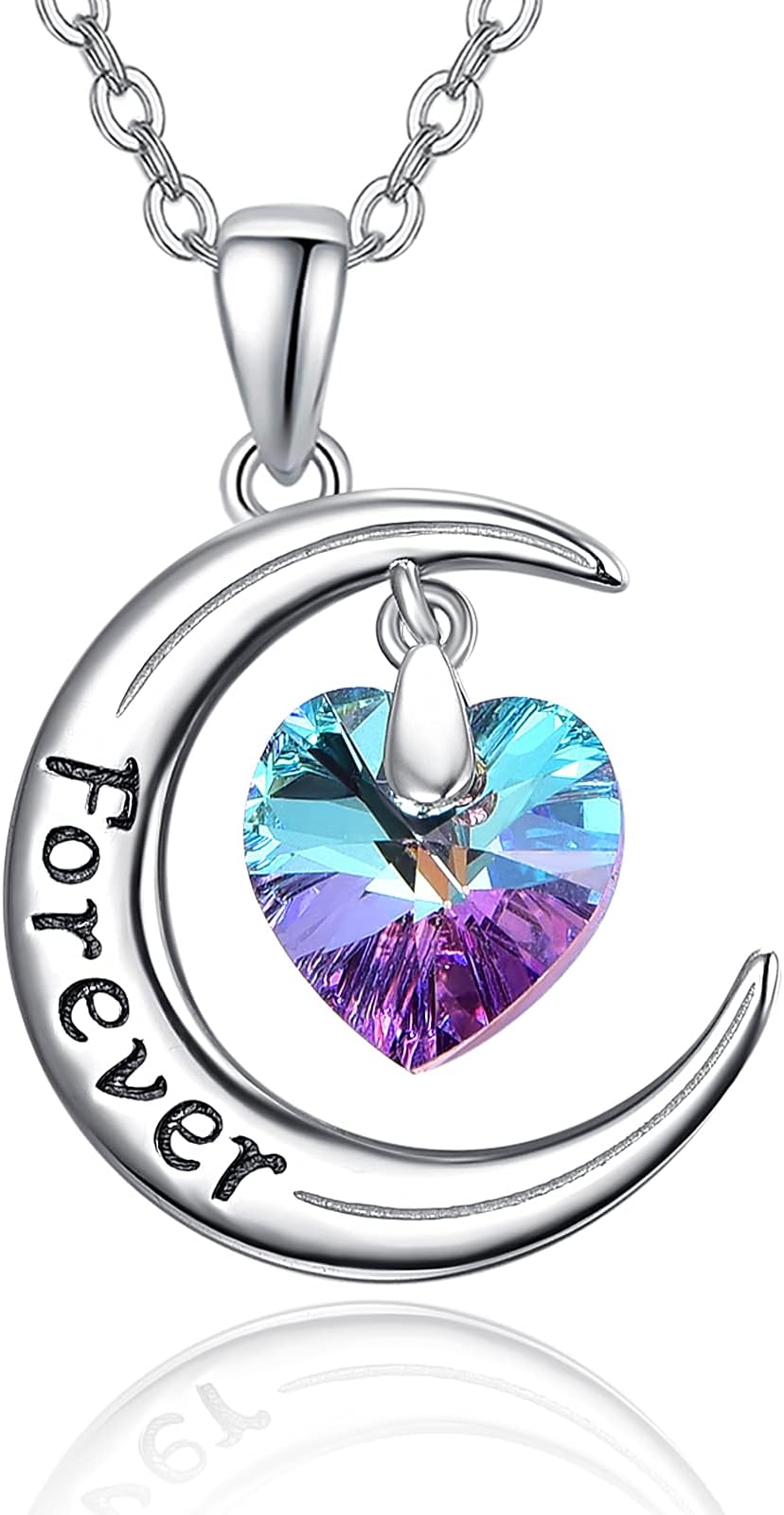 TANGPOETMoon Necklace 925 Sterling Silver Heart Crystal Necklace for Women Moon Pendant Engraved Forever Jewellery Gifts for Her Wife Mum Girlfriend