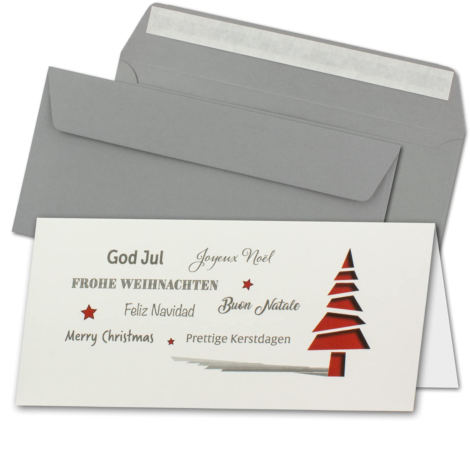 Set de 75 tarjetas de Navidad DIN largas, en color crema con abetos rojos y texto, tarjetas plegables con sobres DIN largo gris con adhesivo – saludos navideños para empresas y privadas