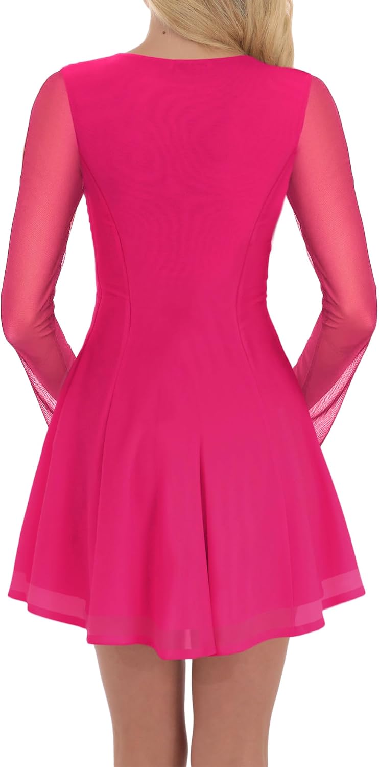 Aisbei Women's Sexy Square Neck Bell Sleeve Ruched A Line Mini Dress Mesh Party Club Short Dress - Image 4