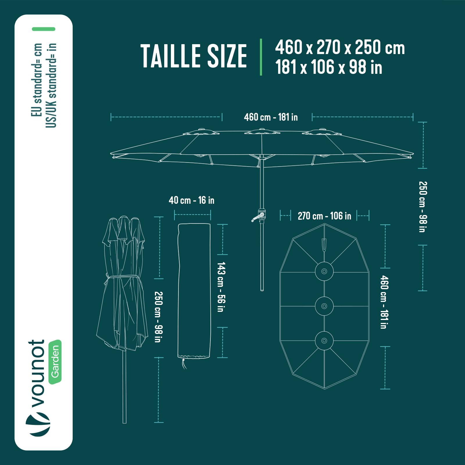 VOUNOT Doppelsonnenschirm mit Handkurbel, Sonnenschirm Marktschirm Gartenschirm Terrassenschirm, Sonnenschutz, 460 x 270 cm, Grau
