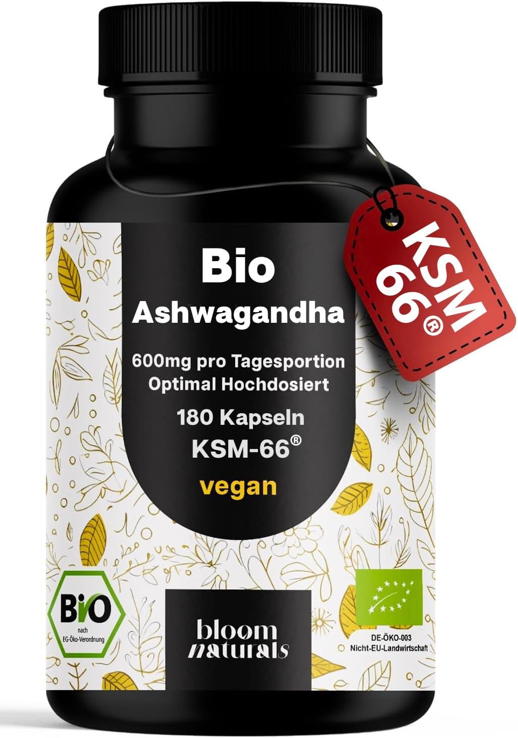 High Dose Organic Ashwagandha Capsules – 180 Capsules – 600 mg KSM-66 for Cortisol, Vegan & Produced in Germany – Laboratory Tested