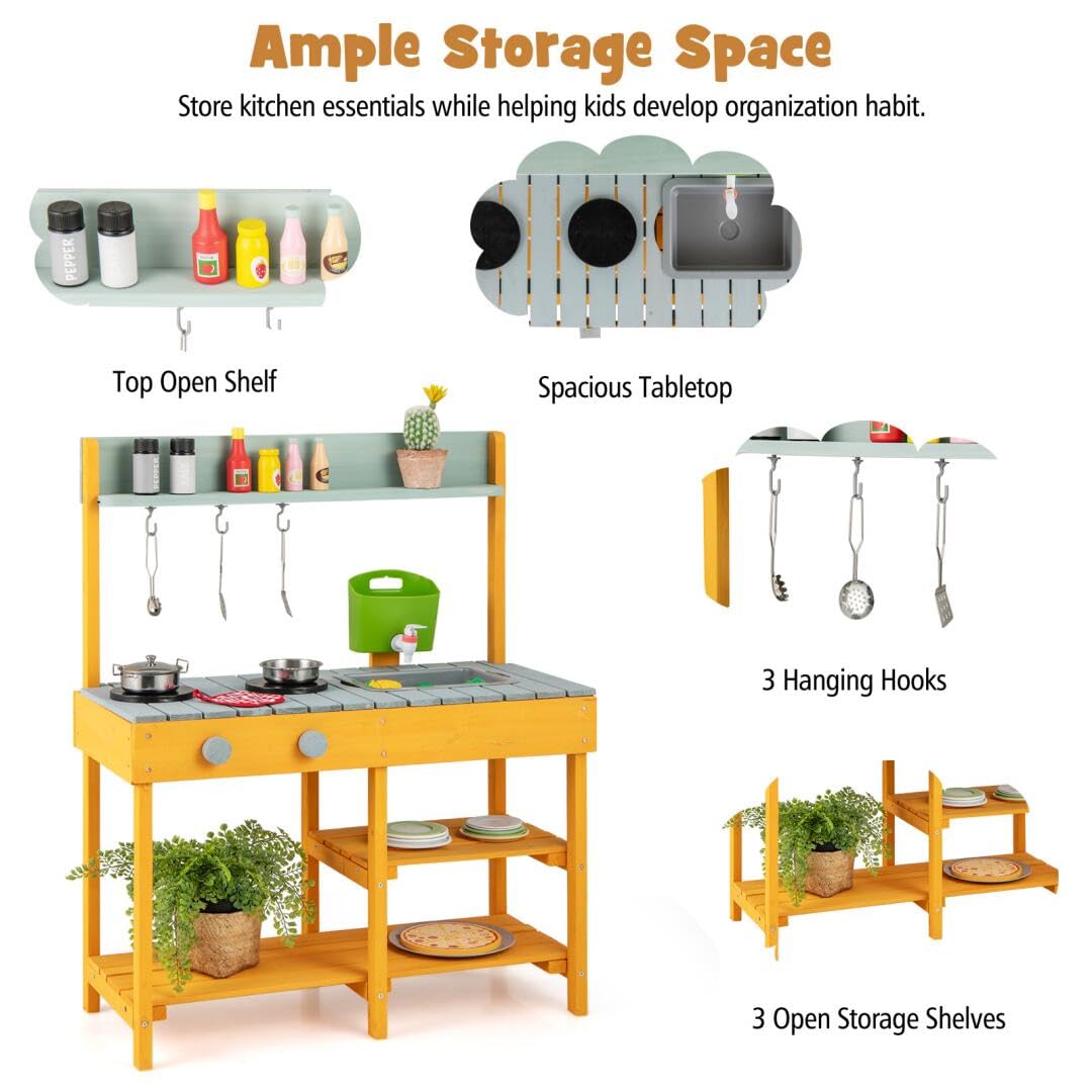 HOMASIS Matschküche Kinder Outdoor, Kinderküche mit Spüle Herd, Spielküche aus Holz, Spielzeugküche mit 3 Haken & Regalen, Holzküche Gartenküche für Kinder ab 3 Jahren (Orange, mit Wasserspender)