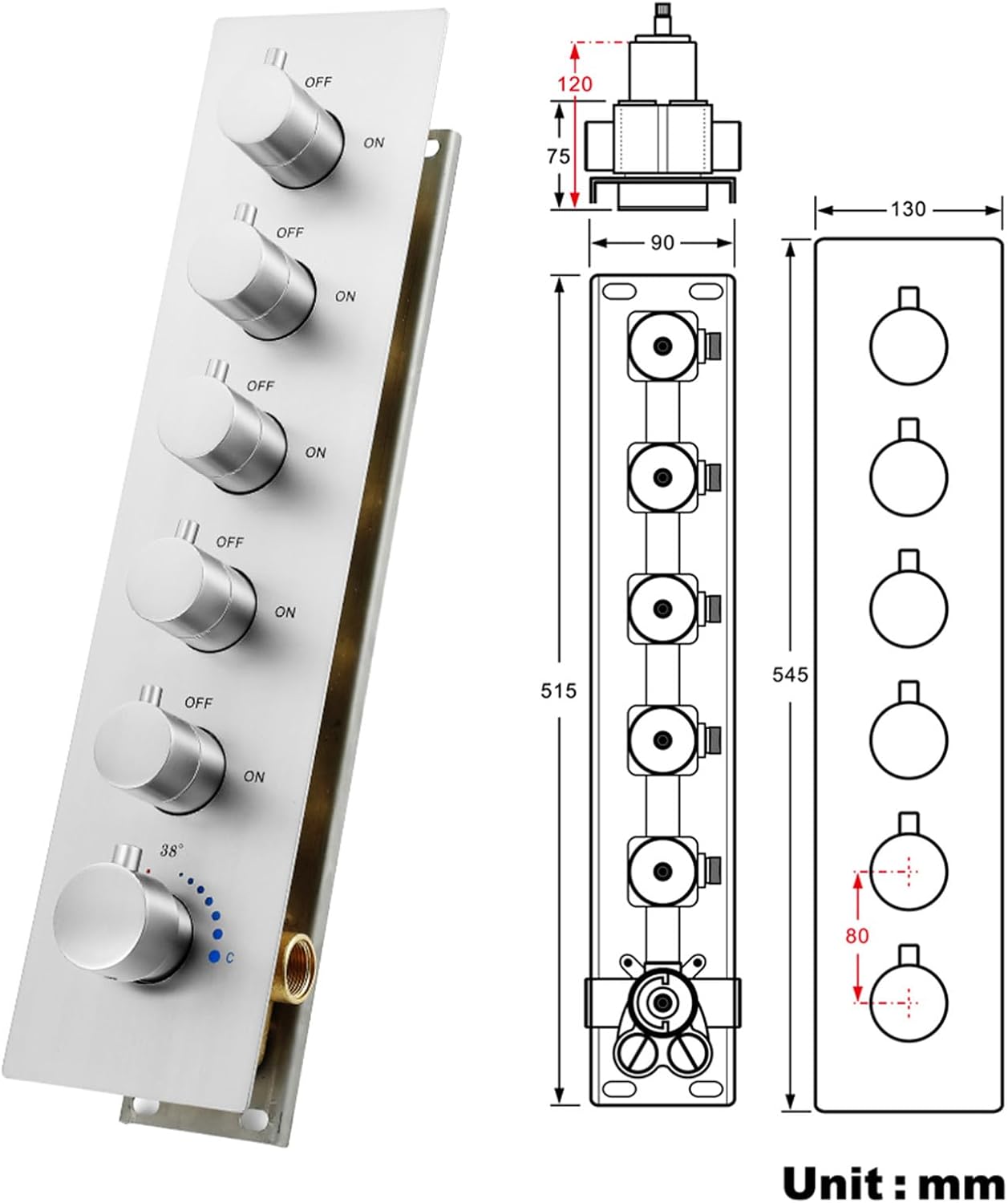 Brass Shower Valve Thermostatic Concealed Shower Valve Chrome Color Shower Valves 5 Functions Shower Control Valve Kit with Anti-Scald Surface