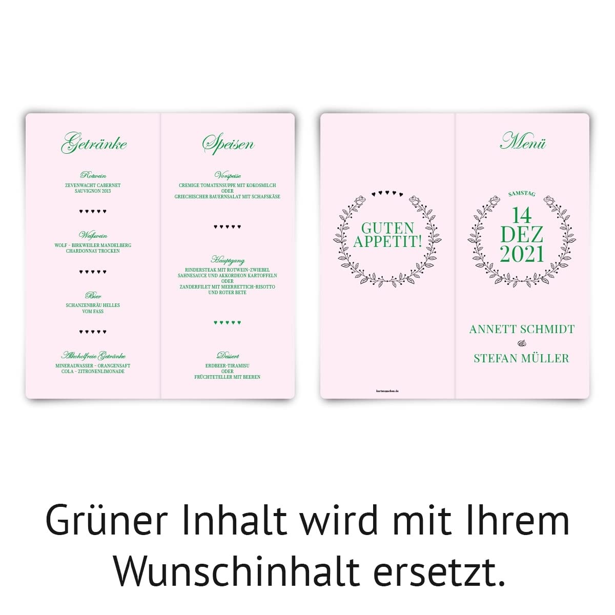 50 x Hochzeit Menükarten Speisekarten Getränkekarten individuell gestalten DIN Lang hoch Klappkarte mit abgerundeten Ecken - Rosa Chic