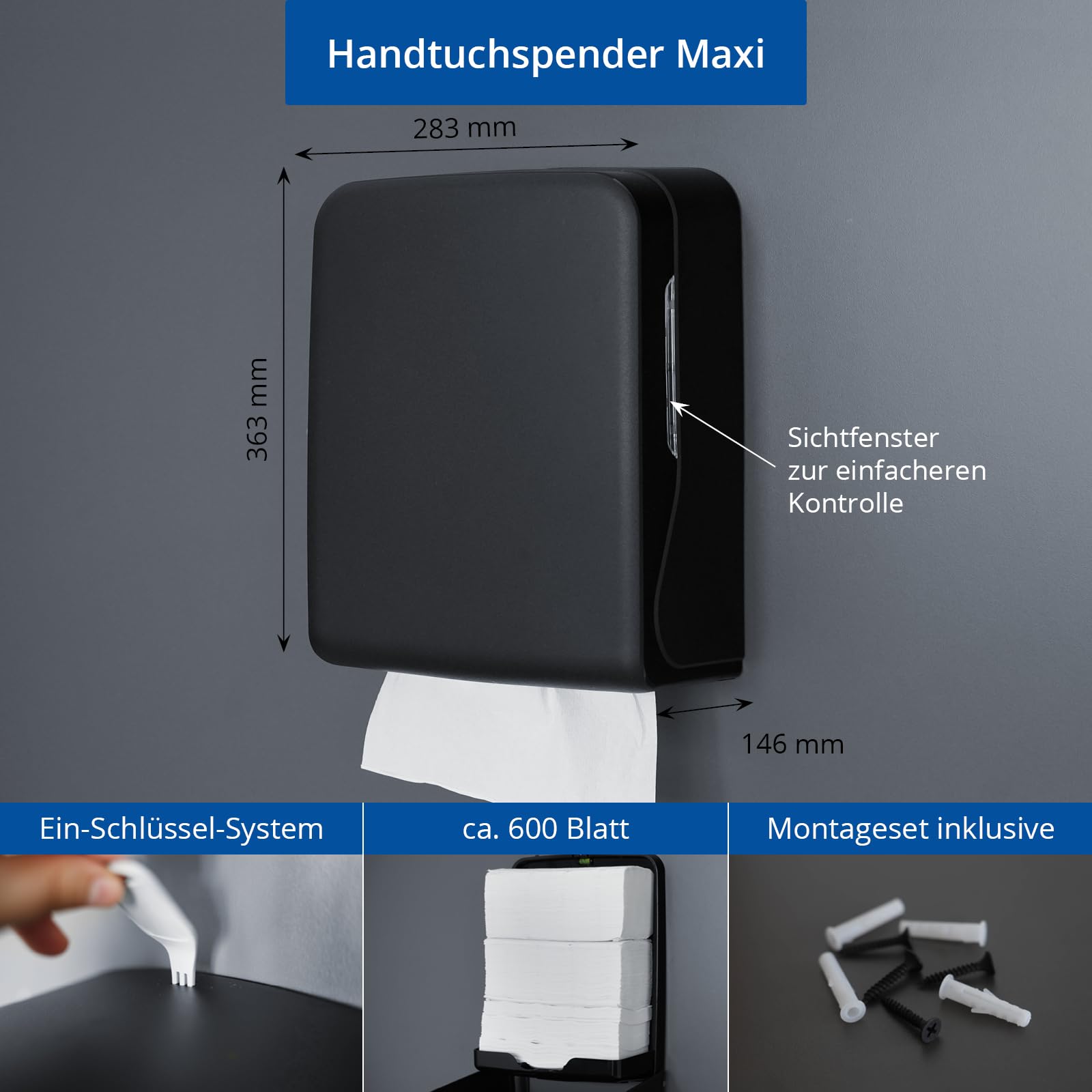 HYPAFOL Handtuchpapierspender Interfold Schwarz Matt - Hygienespender für V-Falz Papierhandtücher, 600 Blatt Kapazität