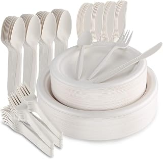 Aitsite 250Pcs Disposable Plates and Cutlery Set, Eco-Friendly Bagasse Disposable Tableware Set for 50 Guests Includes 9''+7'' Paper Plates, Forks, Knives and Spoons for Party, Camping, Picnic