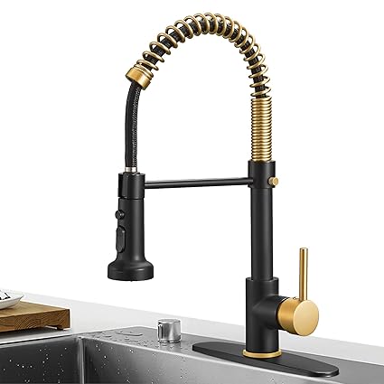 Hoimpro Matte Black&Brushed Gold Spring Kitchen Faucet with Pull Down Sprayer, Rv Paint Kitchen Sink Faucet with Pull Out Sprayer,3 Function Single Handle Laundry Faucet,Brass(Single or 3 Hole)