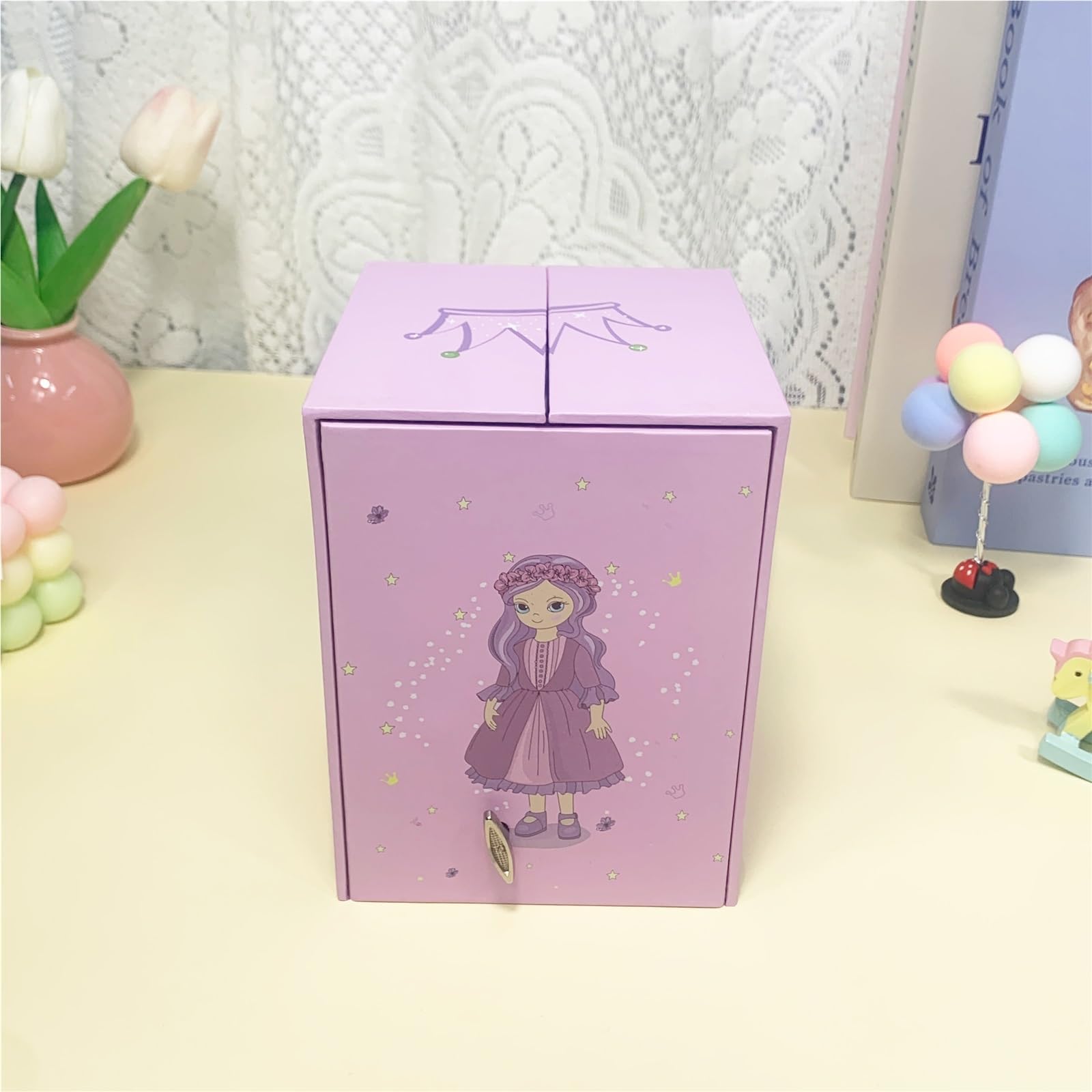 Generisch Caja de música magnética para puerta, con cerradura, bailarina giratoria, organizador de almacenamiento de manivela de 18 tonos, el regalo perfecto para niñas