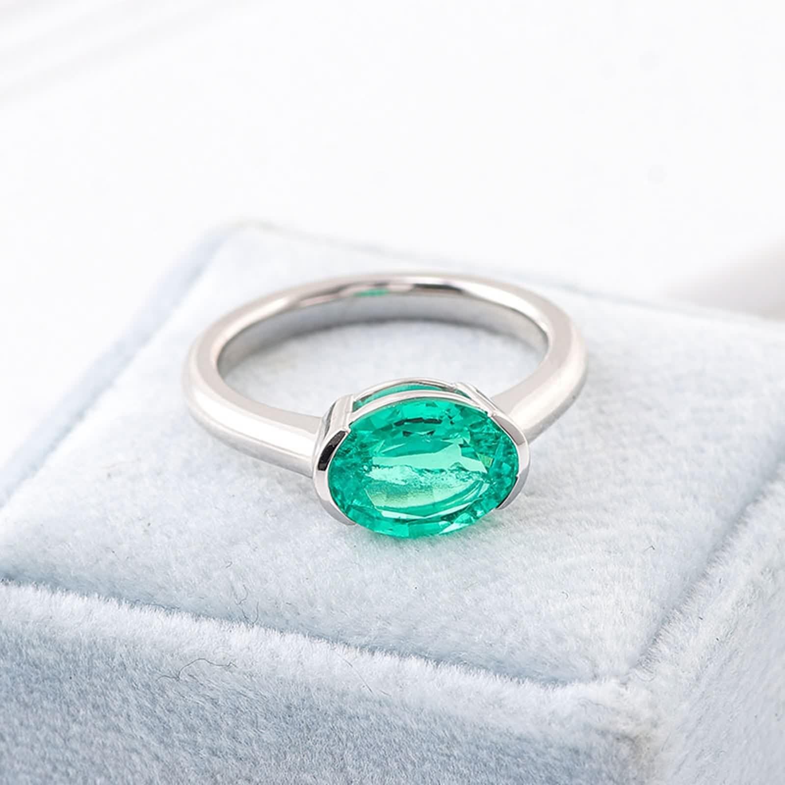 Anillos de oro de 9 quilates para mujer, alianzas de boda de oro blanco, ovaladas, creadas en laboratorio, esmeralda, moda