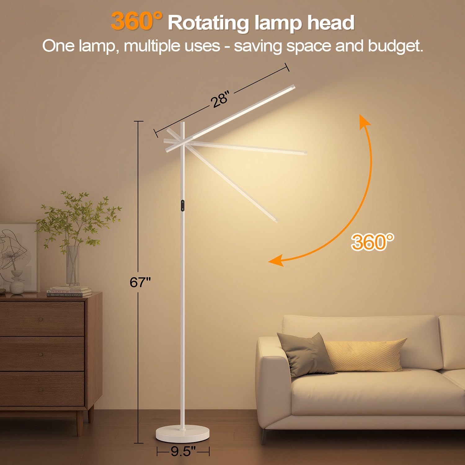 LED Corner Floor Lamp, 360°Rotating Head, Super Bright 1800LM Dimmable Minimalist Floor Lamps with Remote Control,3000K-6000K Modern Corner Light,67" Tall Standing Lamp for Living Room,Office - White