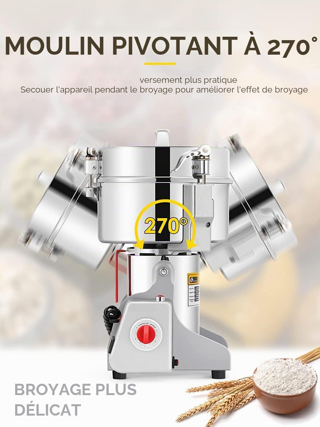 CGOLDENWALL 700g Moulin à Céréales Grains Électrique Ultrafin Broyeur à Épice pour Maïs/Café/Riz 28000RPM Haute Vitesse avec Open-Cover-Stop, Minuterie Contrôle, 2400W Commerciale Moteur