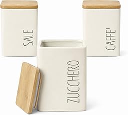 Set 3 Barattoli Cucina in Ceramica con Coperchio Bambù 9x12 cm – Contenitori Sale Zucchero Caffè – Porta Alimenti Dispensa Design Moderno – 4 Colori (PANNA)