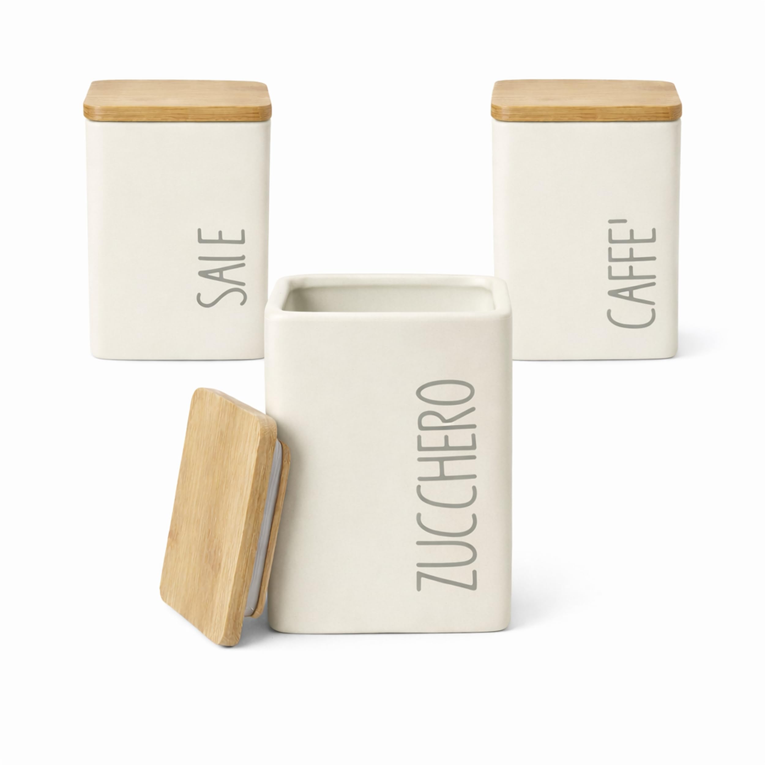 Set 3 Barattoli Cucina in Ceramica con Coperchio Bambù 9x12 cm – Contenitori Sale Zucchero Caffè – Porta Alimenti Dispensa Design Moderno – 4 Colori (PANNA)