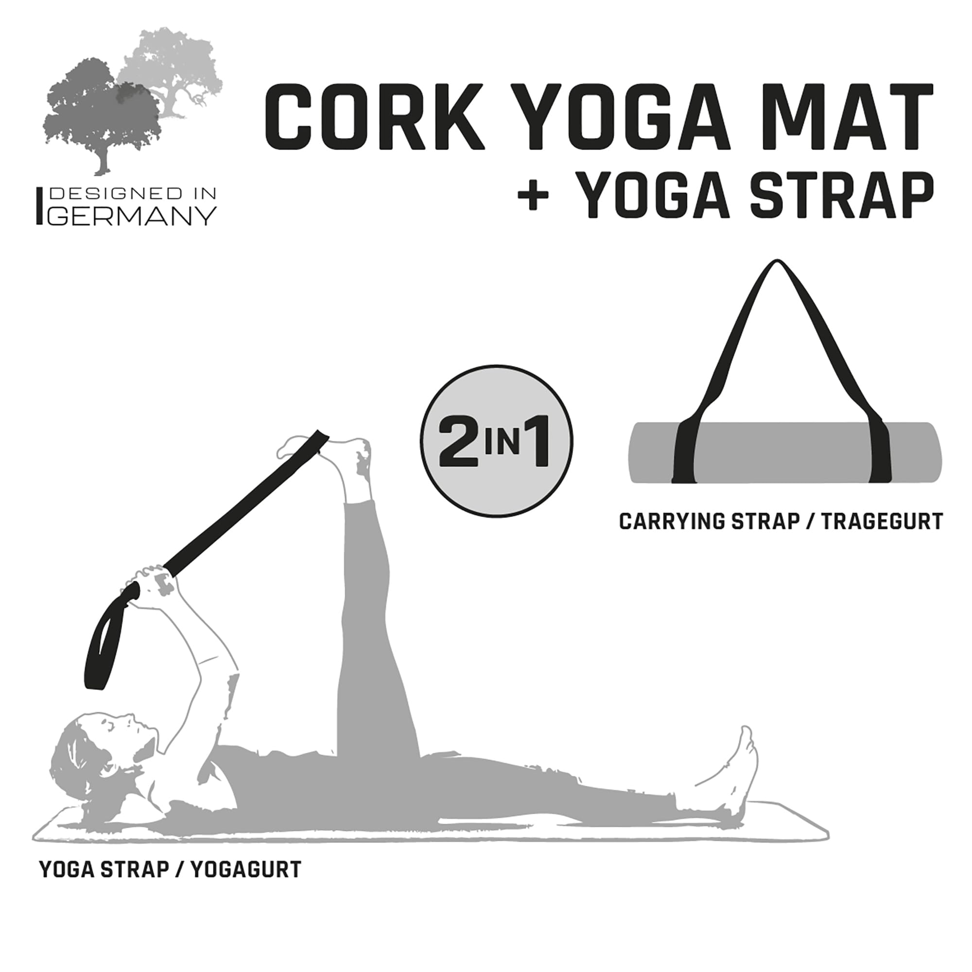 Schildkröt Kork Yogamatte 4mm | Naturkork & Naturkautschuk, Rutschfest, Hygienisch & antistatisch, Inkl. Yogagurt